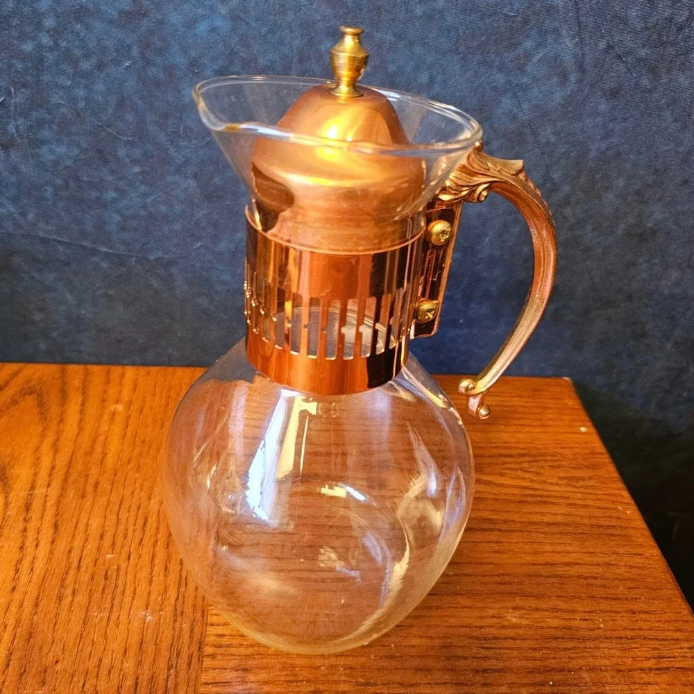 Vintage Glass Carafe with Copper Metal Collar and Ornate Scroll Handle 9.5in